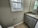 Small bathroom with gray vanity and granite countertop at 209 Constellation Ct, Benson, NC 27504