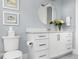 Bright bathroom featuring a white vanity, decorative mirror, and floral accents, creating a fresh ambiance at 2721 Sanctuary Woods Ln, Raleigh, NC 27606