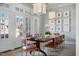 Elegant dining room featuring a large wooden table, seating for eight, modern lighting, and stylish artwork, perfect for entertaining at 2721 Sanctuary Woods Ln, Raleigh, NC 27606