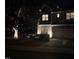 Charming home exterior with a manicured lawn, a well-lit driveway, and mature landscaping at night at 3020 Imperial Oaks Dr, Raleigh, NC 27614