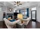 Cozy living room with a fireplace, coffered ceiling, plush sofas, and a large window at 3020 Imperial Oaks Dr, Raleigh, NC 27614