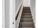 Carpeted stairway with wooden handrail, offering safe and comfortable access to upper floors at 1178 Sheriff Johnson Rd, Lillington, NC 27546