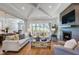 Spacious living room with hardwood floors, fireplace, and large windows offering wooded views at 1 Kelsey Ct, Hillsborough, NC 27278