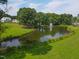 Scenic view of pond with fountain, surrounded by lush trees and manicured lawns at 1117 Delilia Ln, Wake Forest, NC 27587