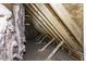 Attic framing showcases wood beams and insulation, highlighting potential for expanded living space at 1201 Rivermead Ln, Wake Forest, NC 27587