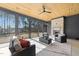 Relaxing screened-in porch features stone fireplace, ceiling fan, and comfortable seating at 8001 Wexford Waters Ln, Wake Forest, NC 27587