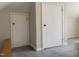 This attic has neutral-colored walls, grey carpeting, and two white closet doors at 943 St Marys St # B, Raleigh, NC 27605