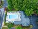 Aerial view of community pool and surrounding area at 1019 Thistle Briar Pl, Cary, NC 27511