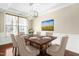 Elegant dining room with a modern chandelier, wainscoting, and a large window for natural light at 10511 Sablewood Dr # 110, Raleigh, NC 27617
