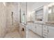 Spa-like bathroom with large shower, double vanity, and granite countertops at 1505 Montvale Grant Way, Cary, NC 27519