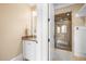 Basement bathroom with white vanity and shower at 15508 Possum Track Rd, Raleigh, NC 27614