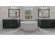 Bathroom showcasing standalone tub, double vanity, dark cabinets, tiled floors, and bright light at 645 Silvercomet Dr, Knightdale, NC 27545