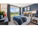 Bedroom with navy bedding and large window with backyard view at 8613 Brixton Shay Dr, Raleigh, NC 27616