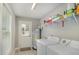 Laundry room with washer, dryer, and built-in shelving at 619 Barbour St, Clayton, NC 27520