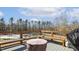 Deck overlooking pond with wooden benches and fire pit at 8437 Charlie Stovall Rd, Oxford, NC 27565
