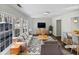 Virtually staged living room with gray couches and wood accents at 5340 Fayetteville Rd, Durham, NC 27713