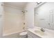 Bathroom featuring a shower-tub combo, toilet, sink, vanity, mirror, and towel hooks at 3413 Thistledown Ct, Efland, NC 27243