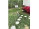 Lush backyard featuring a stone path, creating a serene and inviting outdoor space at 112 Gingergate Dr, Cary, NC 27519