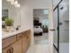 Elegant bathroom with double vanity and walk-in shower at 142 Vega Loop, Sanford, NC 27330