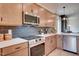 Modern kitchen with stainless steel appliances and dark tile backsplash at 142 Vega Loop, Sanford, NC 27330