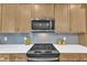 Close-up of kitchen area highlighting stainless steel microwave, electric range, and subway tile backsplash at 9342 Turkey Way, Middlesex, NC 27557