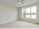 Bright bedroom features a ceiling fan, plush carpet, and a large window with scenic outdoor views at 1813 Bright Lantern Way, Wendell, NC 27591