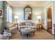 Elegant living room with light blue walls, sophisticated furniture, and decorative accents at 2900 Glenanneve Pl, Raleigh, NC 27608