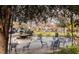 Outdoor common area featuring tables, chairs, landscaping, and a fountain for relaxing at 4201 Henderson Pl, Pittsboro, NC 27312