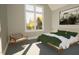 Serene bedroom with a vaulted ceiling, large window, modern decor, and cozy seating area by the window at 3813 Peaceful Creek Trl, Zebulon, NC 27597