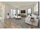 Living room with hardwood floors, neutral decor, and a large TV at 483 White Birch Ln, Angier, NC 27501