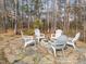 Outdoor stone fire pit with white Adirondack chairs surrounded by tall trees at 101 Pointe Park Cir, Holly Springs, NC 27540