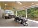 Covered patio offers a fireplace, ceiling fan, tv, and an outdoor dining area overlooking the lush greenery at 1304 Ivy Ln, Raleigh, NC 27609