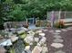 Serene backyard featuring a charming rock garden, water feature, and elegant stone pathway at 1201 Bethpage Dr, Mebane, NC 27302