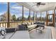 Charming screened porch with sectional sofa and scenic backyard views offering a perfect spot for outdoor gatherings at 1625 Banks View Dr, Raleigh, NC 27603