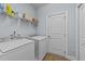 Functional laundry room with washer, dryer, storage shelf and easy access to the backyard at 2001 Bunnfield Dr, Zebulon, NC 27597