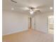 Carpeted bedroom with a ceiling fan, recessed lighting, and a bathroom at 7117 Hubner Pl # 22, Cary, NC 27519