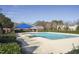 Outdoor pool with a blue awning and brick clubhouse in the background at 2031 Rivergate Rd # 105, Raleigh, NC 27614