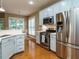 Modern kitchen with stainless steel appliances and light blue cabinets at 401 Streamwood Dr, Holly Springs, NC 27540