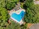 Aerial view of the outdoor community swimming pool surrounded by trees at 5101 Hogans Way, Clayton, NC 27520