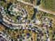 Stunning aerial view of a vibrant neighborhood with mature trees and a community pool at 4703 Paces Ferry Dr, Durham, NC 27712