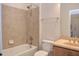 Clean bathroom with a shower/tub combo, toilet and vanity at 7845 Hasentree Lake Dr, Wake Forest, NC 27587