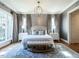 Relaxing main bedroom featuring neutral decor, a statement chandelier, and abundant natural light at 1324 Brooks Ave, Raleigh, NC 27607