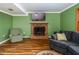 Cozy living room with brick fireplace, comfortable seating, and stylish wood-look flooring at 326 W Bywood Dr, Durham, NC 27712