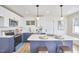 Modern kitchen with white and blue cabinets and an island at 713 Hudson Ave, Durham, NC 27704