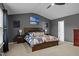Spacious bedroom with vaulted ceilings, neutral walls, and comfortable furnishings at 12420 Tetons Ct, Durham, NC 27703
