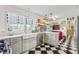 Charming kitchen with stainless steel appliances, open shelving, and checkered floors at 5410 Thayer Dr, Raleigh, NC 27612