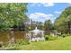 Scenic pond with a fountain surrounded by lush greenery and mature trees creates a serene atmosphere at 10014 Hammock Bend Bnd, Chapel Hill, NC 27517