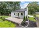Cozy backyard showcasing a gray house with a stone chimney and a brick patio with landscaped flower beds at 106 N Trail Dr, Raleigh, NC 27615