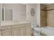 Bathroom featuring a vanity, toilet, and tiled shower-tub combo with decorative accents at 12519 Bellstone Ln, Raleigh, NC 27614