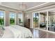 A relaxing main bedroom featuring hardwood floors, a ceiling light fixture, and views of the backyard at 250 Ivy Ridge Rd, Chapel Hill, NC 27516